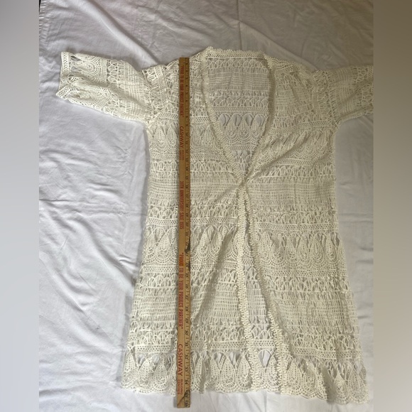 White Lace Crochet 3/4 Sleeve Cover-Up Duster Cardigan Coastal Beach Resortwear - Picture 8 of 9